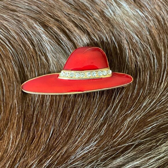 Red Hat society gold brooch pin enamel red and gold tone - Picture 1 of 5